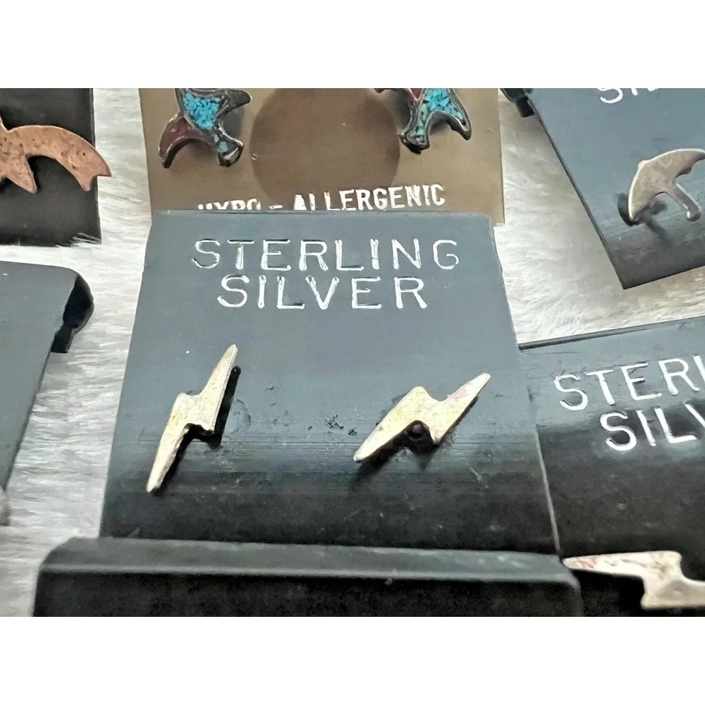 Lot Sterling Silver Stud Earrings Tiny Lightning Bolt Moon Star Rain Turquoise - Picture 8 of 13